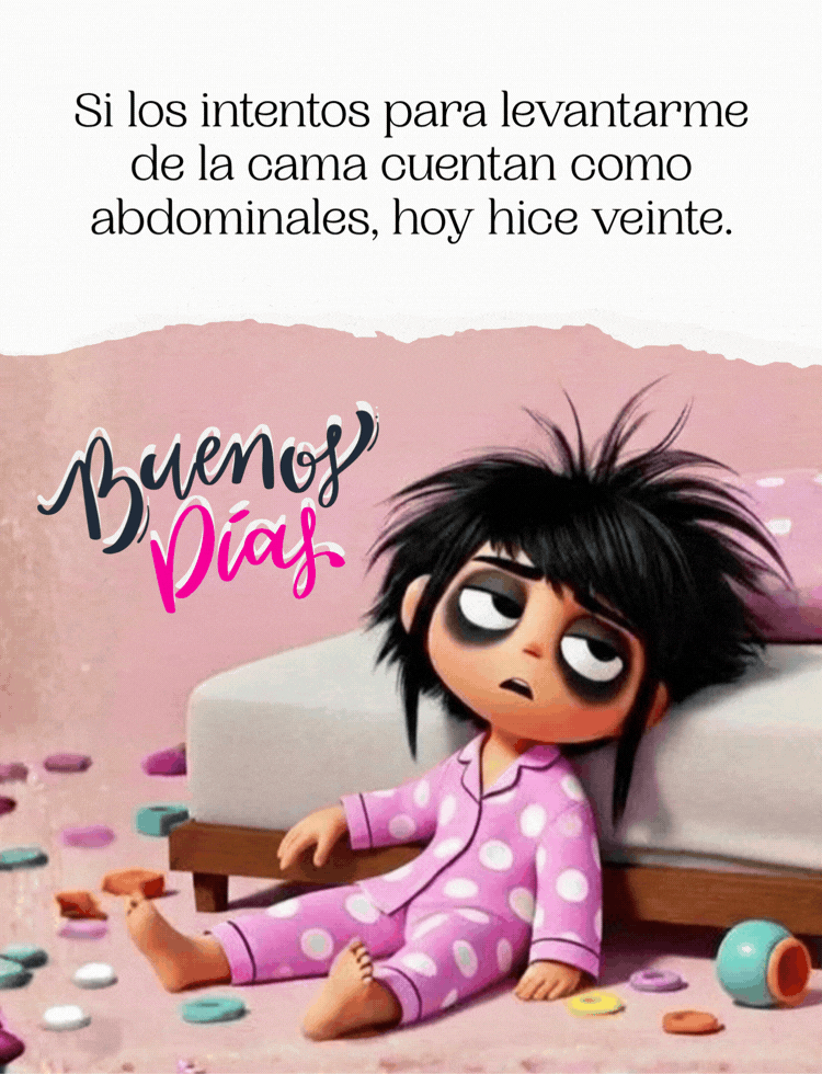 Imagen divertida de buenos días de niña recién levantada y agotada para compartir en los estados de whatsApp.