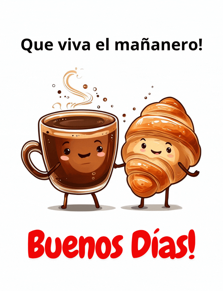 Imagen de pan con café de buenos días con una frase de humor cotidiano para compartir.